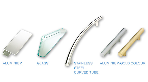 HANDLES aluminium, glass, curved tube stainless steel, aluminium/gold colour